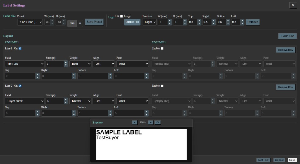 Label designer with size presets, field layout, and live preview